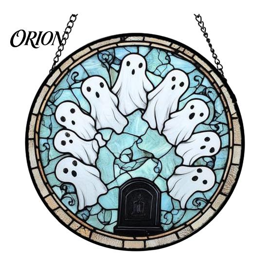 Sunproof Courtyard Decorations Halloween Stained Glass Suncatcher Ornament, Vintage Hanging Window Decor with Pumpkin Ghost Bat Witch Waterproof Porch