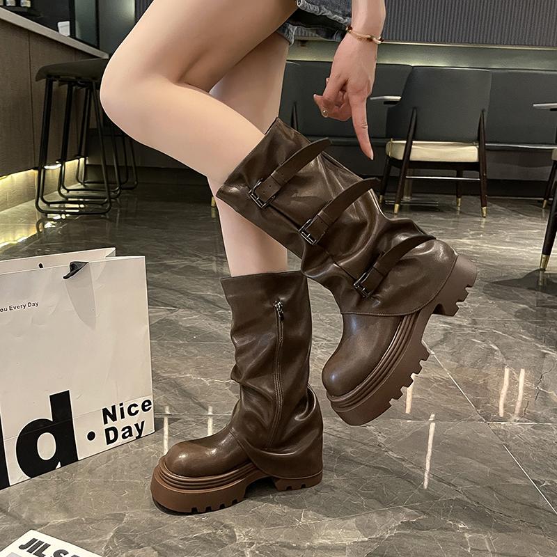Fashion Designer Thick Heel Women Western Cowboy Boots Fashion Ladies Belt Buckle Knight Booties botas de inverno feminina
