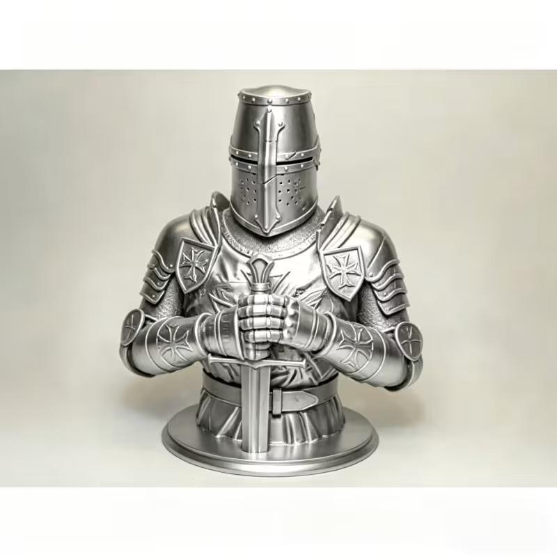 3D-printet Sølv Tempelridder Buste Statue Gotisk Skulptur Historisk Ornament Til Skrivebord Hjemmeindretning Samlerobjekt Gave