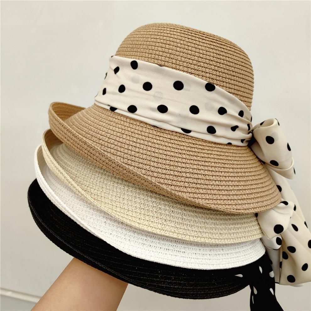 French Retro Style, Elegant Polka Dots, Bow Tie, Sun Hat, Straw Hat, Women's, Summer Seaside Vacation, Beach Sun Hat