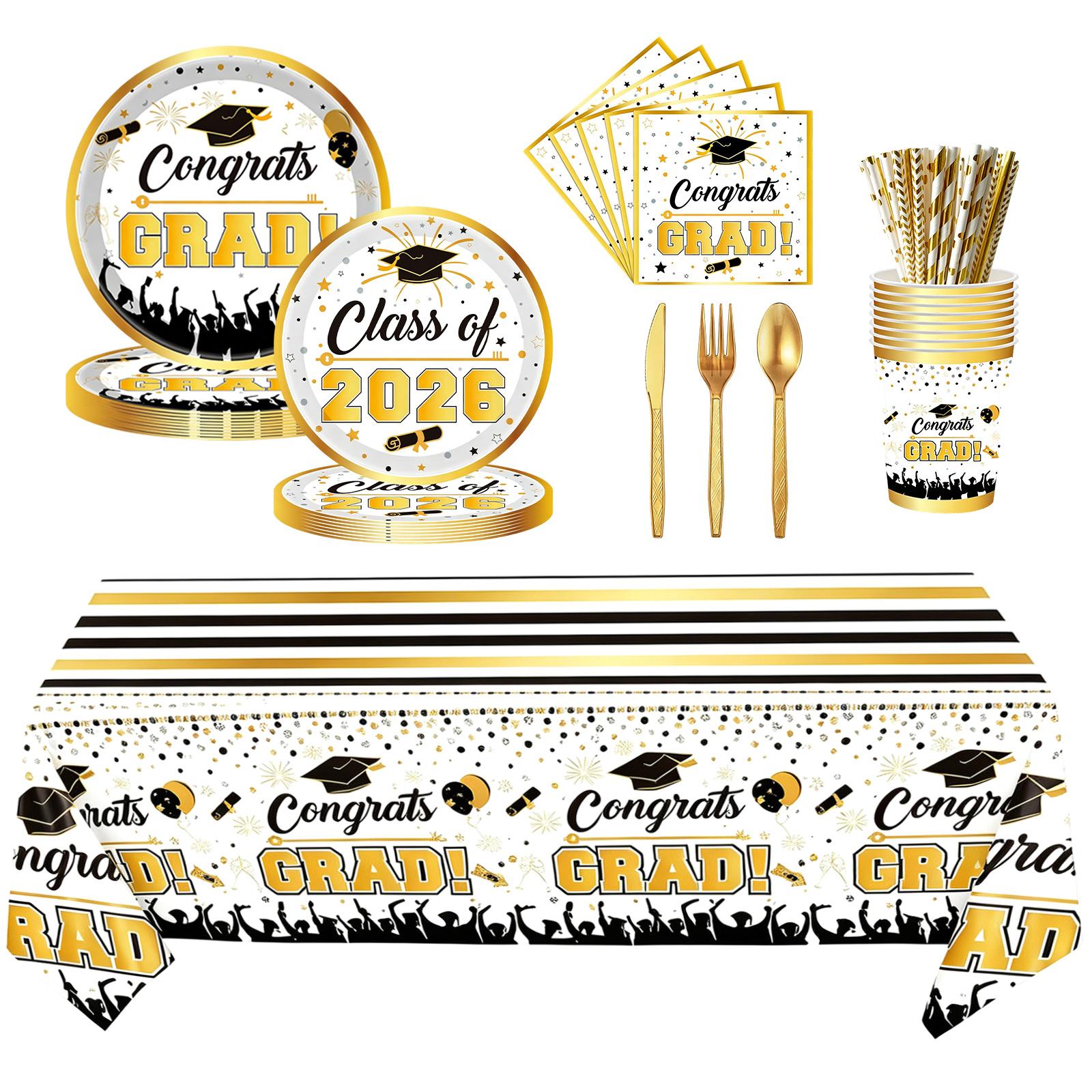 Graduation Decorations, Class Of 2026 Graduations Party Supplies, 13pcs Graduation Disposable Dinnerware Set, Black Golds Graduation Tableware Plates One Size