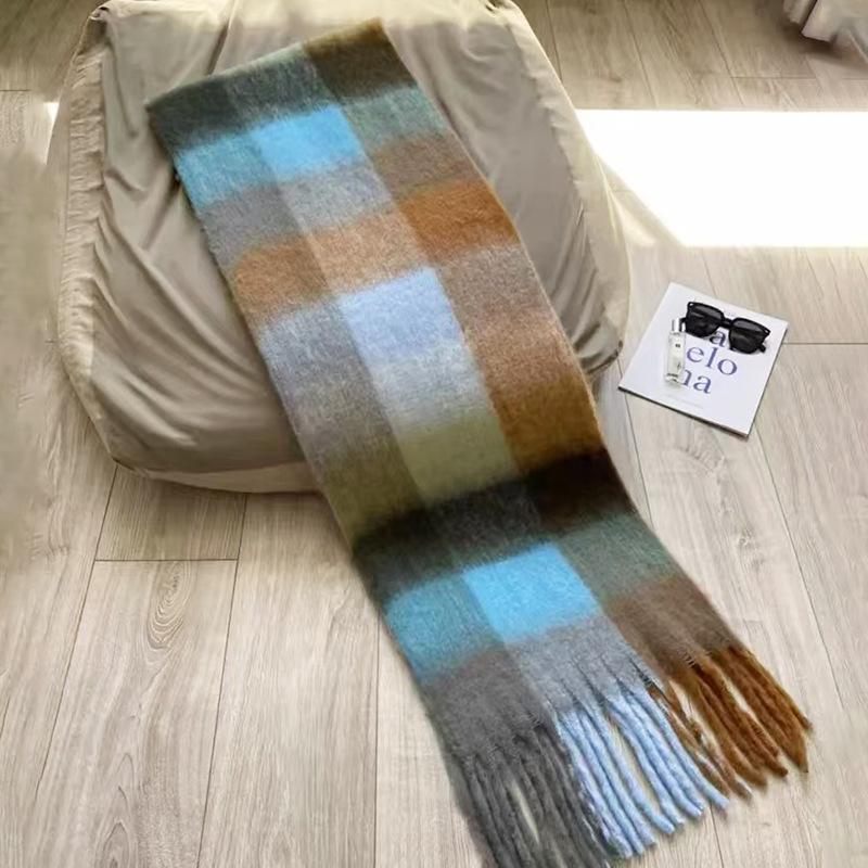 White cream blue and white plaid mohair scarf women's versatile shawl fluffy warm scarf