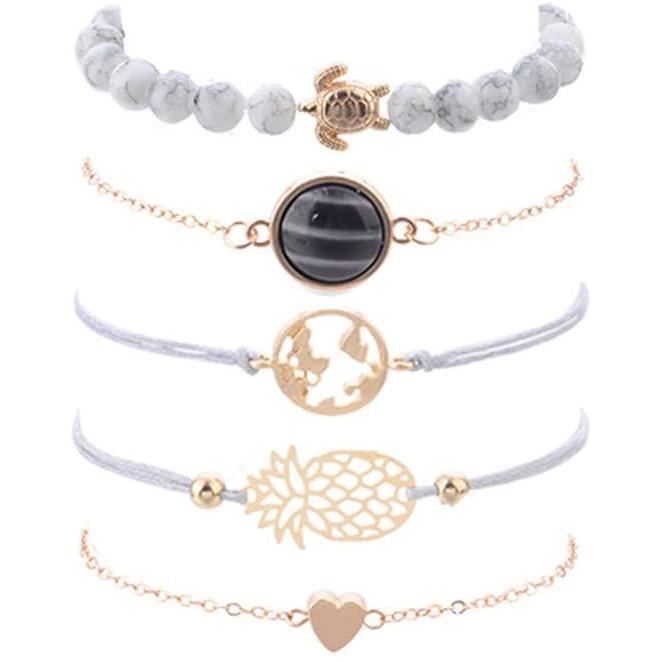 Bracelet pour Femme 5 pcs chaîne géométrique Manchette Ouverte Carte du Monde Tortue perlée et Bracelet Turquoise Ensemble Boh[47]
