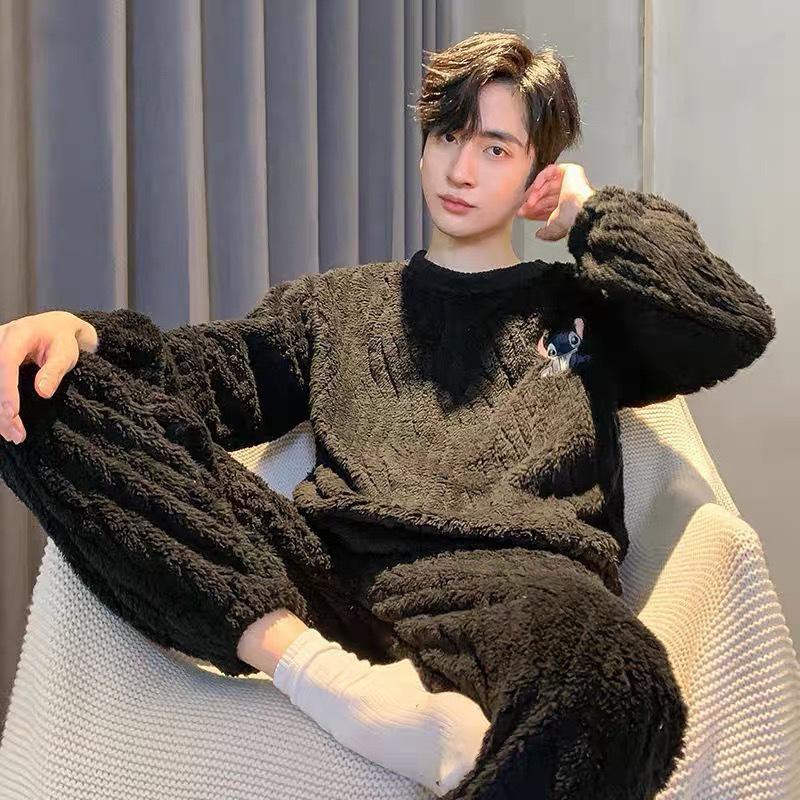 Men's pajamas coral fleece autumn and winter warm home leisure suits can be worn outside plush loungewear men's