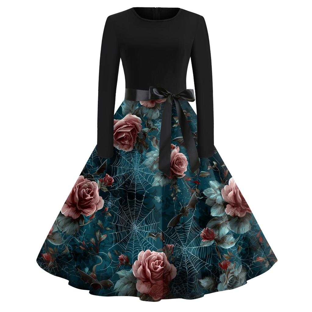 Women's Vintage Long Sleeve Round Neck Dress Halloween Party Printed Midi Dress with Belt Retro Style