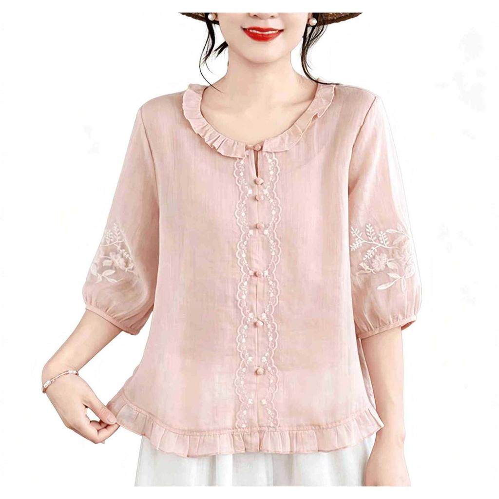 [Cotton] Retro literary and artistic new Chinese casual thin shirt women's foreign style design lace collar shirt