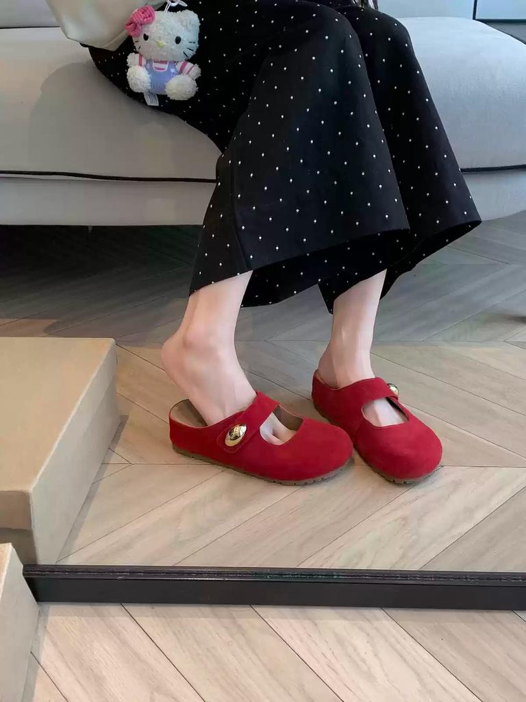 ~ Height increase of 5cm~ Small golden bean round head soft cute Mary Jane half slippers female summer