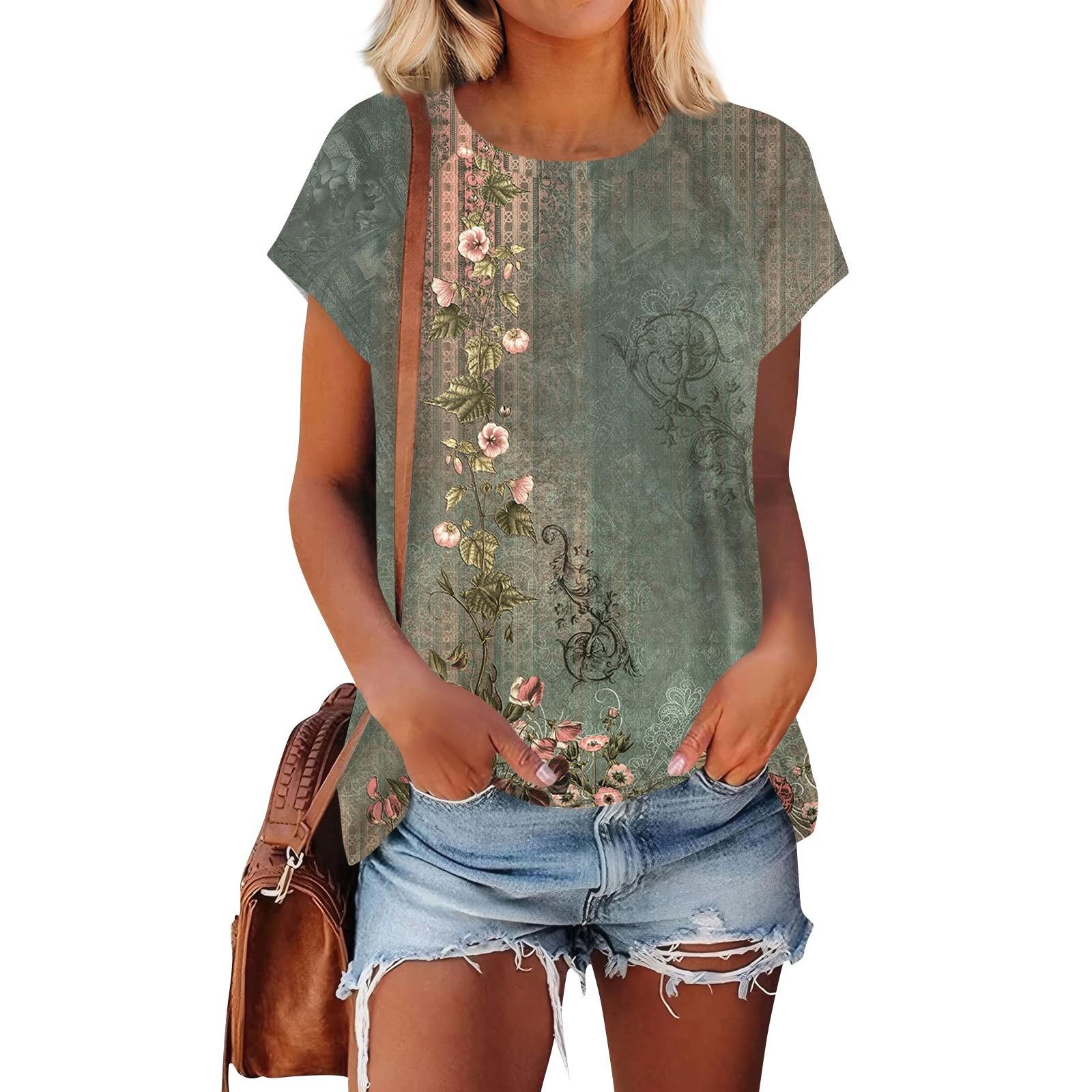 

Женские футболки с коротким рукавом, милые туники с круглым вырезом, топы, базовые футболки, блузки, свободный пуловер L армия зеленый