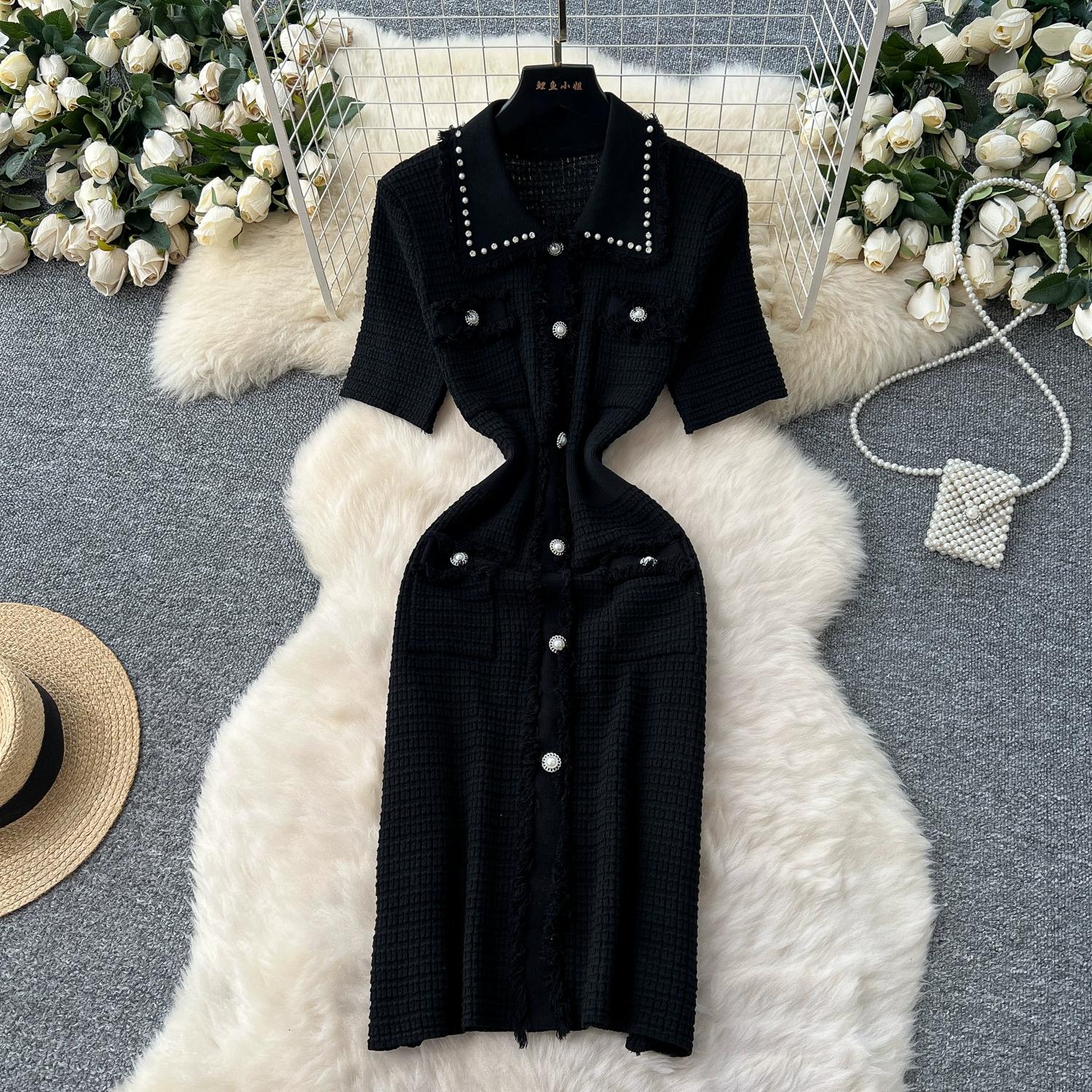 

Літній жіночий светр з відкладним коміром, коротким рукавом, розкішним бісером та діамантами, в язаний, офісні сукні-олівець One Size чорний