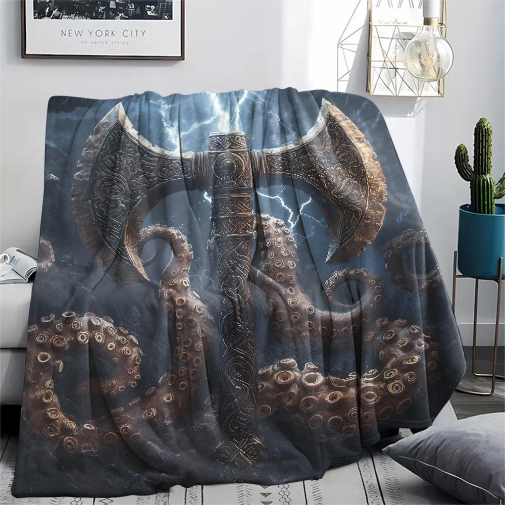 Viking Battle Axe pattern Flannel Blanket, High quality Comfortable for All Seasons, Home Decor, Warmth and Comfort, Perfect for Gifts.