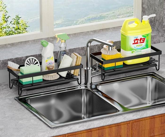 Organizer Basket Shelf for Sink with Drainer for Sponges, Black Washing Liquid