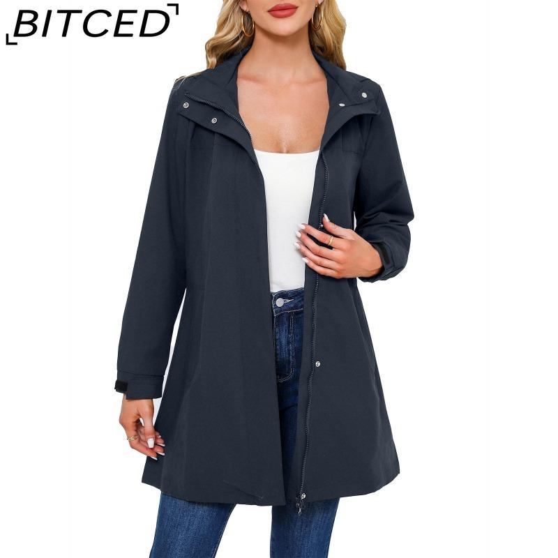 BITCED Spring/Fall Detachable-Cap Water-Resistant Trench Coat for Women Solid Color Long-Sleeve Lightweight Jacket Casual Women's Wear