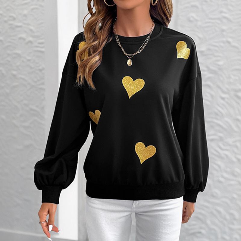 European Autumn 2025 Heart Print Romantic Loose Round Neck Long Sleeve Hoodie