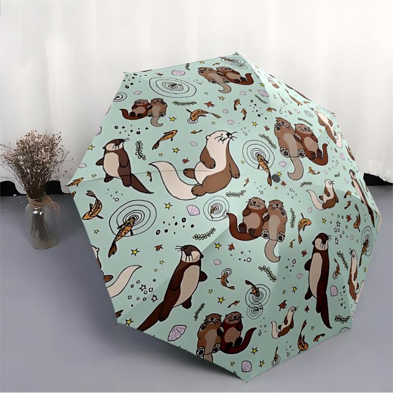 1pc Otters Pattern Automatic Folding Umbrella - Compact 8-Rib Design, Durable Plastic & Iron, Lightweight for Outdoor Daily Use034