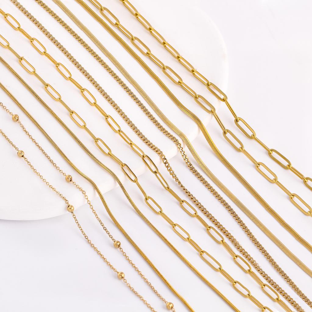5Pcs/Lot Stainless Steel Bead Rope Link/Cuban/Paperclip Links Snake Chain Necklace Diy Women Jewelry 18K Gold Color Neck Chains