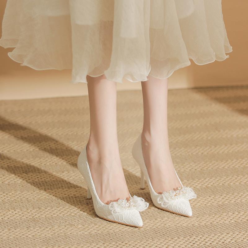 Women Lace Bow Tie Stiletto Heel Pearl Wedding Shoes Bride Thin High Heels White Pumps Pointed Toe Dress Party Shoes