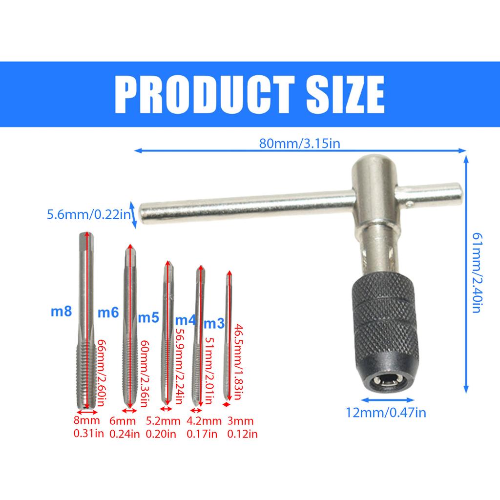 3-6mm T Shaped Tap Wrench Set with 5 Hand Taps Tapping Screwdriver Wrench for M3 M8 Threading Tasks