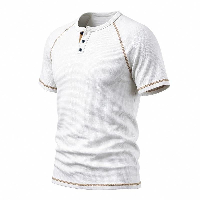 Mens Waffle Henley Collar Raglan Short Sleeve Color Block Casual T Shirt