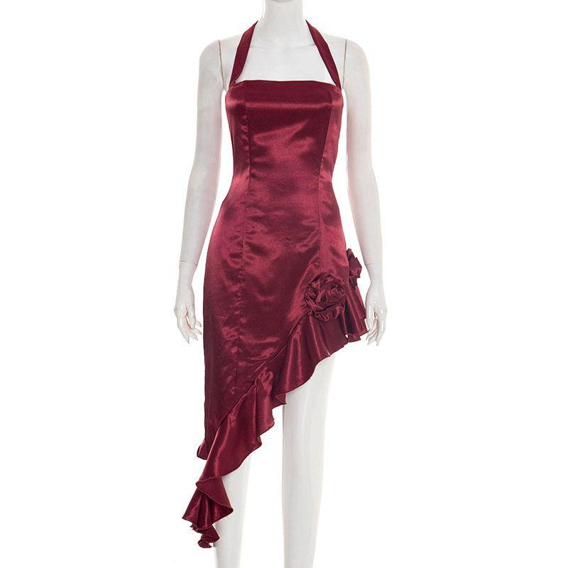 Zds915 European and American Women s Clothing Summer New Solid Color Elegant Sleeveless Halter Neck Ruffled Asymmetrical Slim Dress Burgundy XS