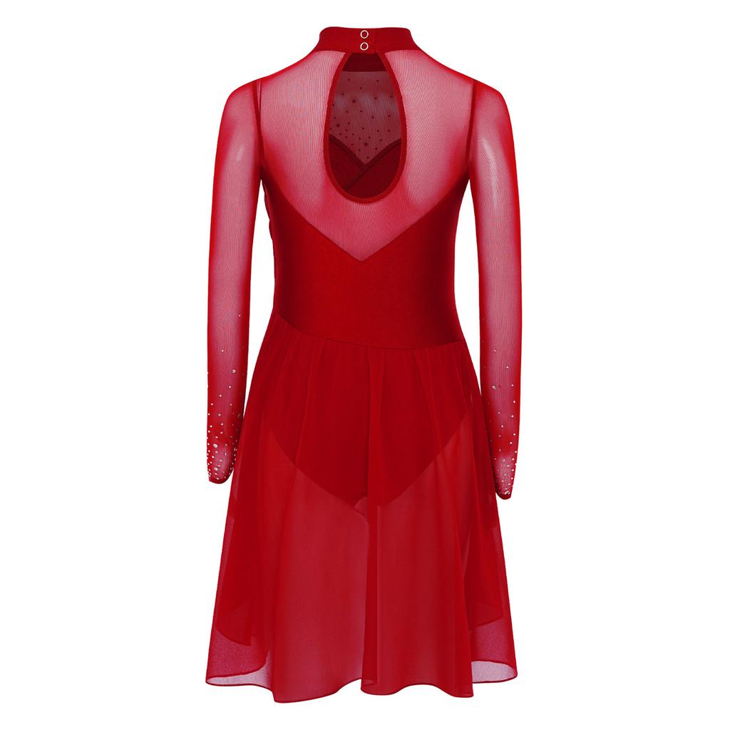 Girls Figure Skating Dance Dress: Sheer Mesh Patchwork Long Sleeves Mock Neck Keyhole Back Rhinestones Irregular Hem with Built-in Briefs