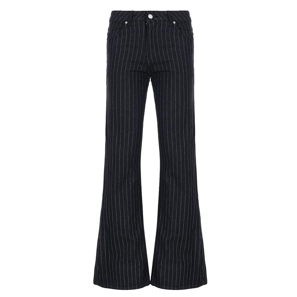 Ropa Y2k Jeans de Tiro Bajo Acampanados para Mujer Pantalones de Mezclilla Rayados Negros Casuales Streetwear Pantalones de Campana