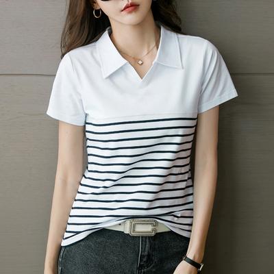 Vintage Slim Striped All Match Thin Office Lady Work T-Shirt Female Summer Korean Short Sleeve Slim Za Woman Tops