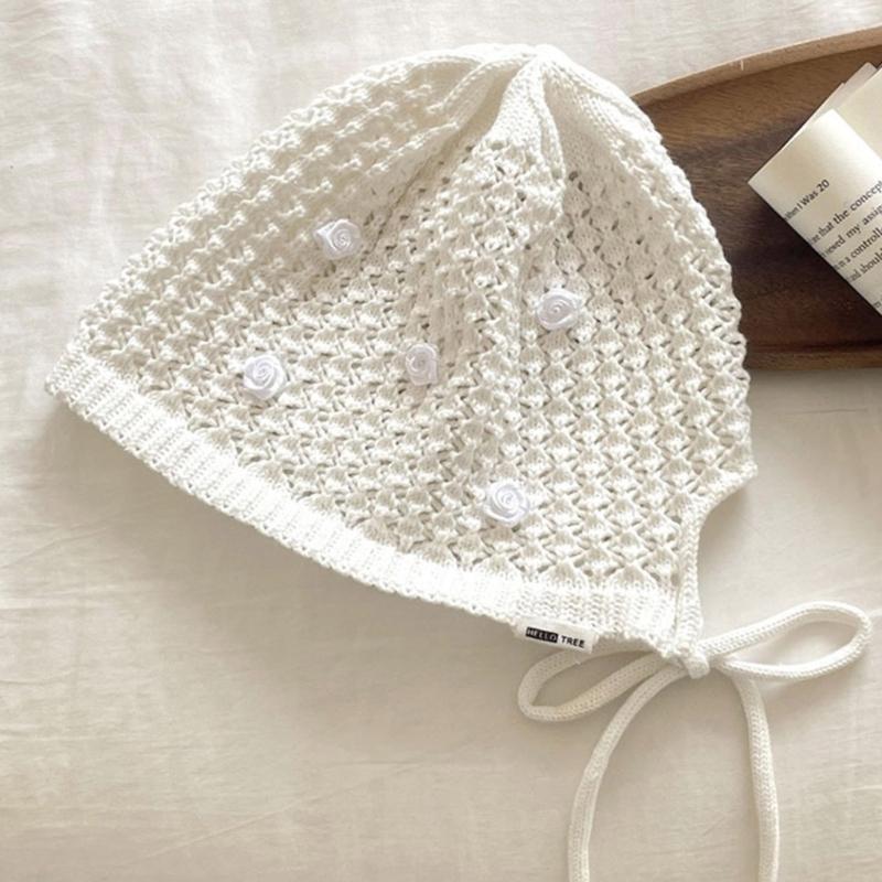 Knitted Beanies Hat for Women Harajuku Hollowout Skull Hat Handmade Crochet Hat with Rose Decors Vacation Pullover Hat