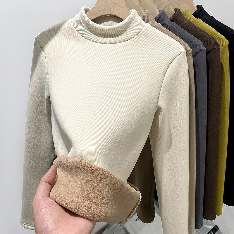 H331 Women's Slim Fit Knitted Half Turtleneck Sweater - Plus Velvet, Warm Long Sleeve Top for Autumn and Winter