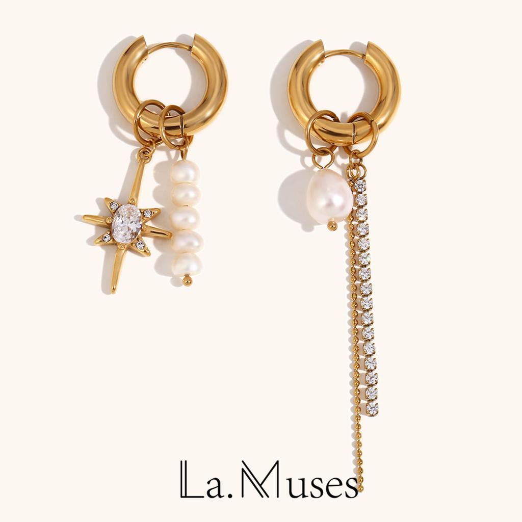 Asymmetrical Design Diamonds Stainless Steel Earrings Women Pearl Charm Gold Hoops Earrings Fashion Jewelry Accessories Party