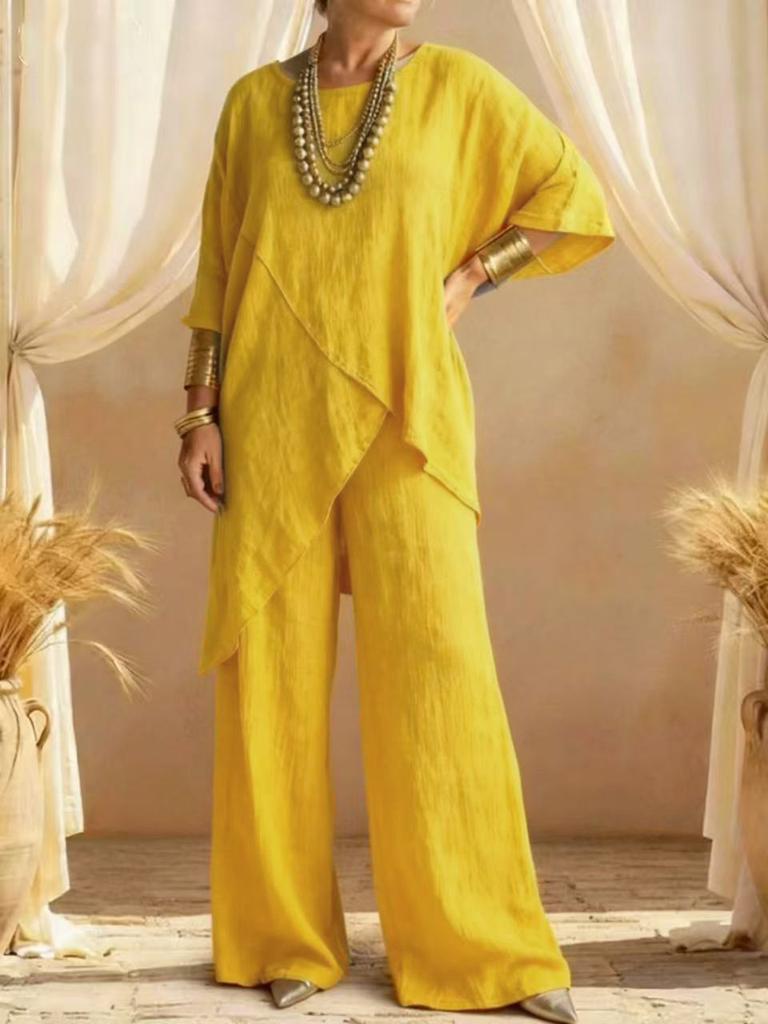 Dámský lněný dvoudílný set Asymetrický top & Široké kalhoty Ležérní letní outfit