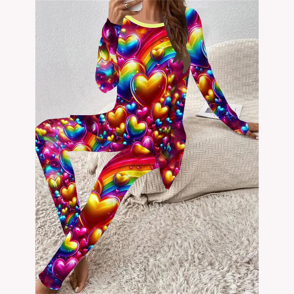 Euroamerikanische Mode 3D Herzsymbol Druck Damen Vier-Jahreszeiten Langarm T-Shirt + Lange Hose Zweiteiliges Set. Perfektes Geschenk zum Valentinstag