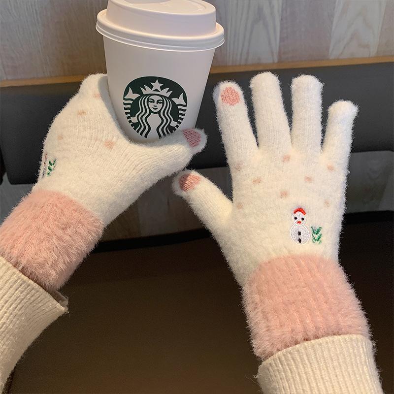Sladké korejské Ins rukavice pro ženy na zimu Roztomilý vánoční sněhulák plyšové pletené vlněné studentské zimní teplé trendy