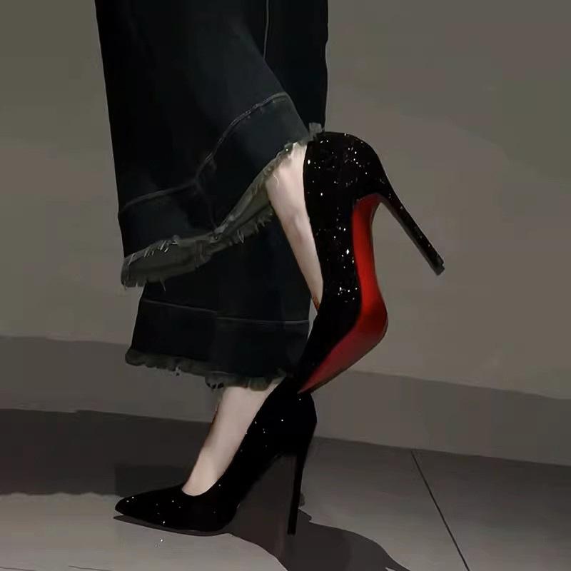 Black Red-soled High Heels Women's Stilettos 2025 Autumn and Winter New Sequined Crystal Wedding Shoes Pointed Professional Sexy Single Shoes