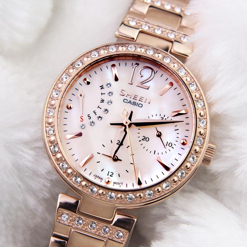 Casio SHEEN Series Simple Casual Fashion Quartz Movement Stainless Steel Strap Japanese and Korean Watch Women's Watch Mother-of-pearl SHE-3043PG-9A