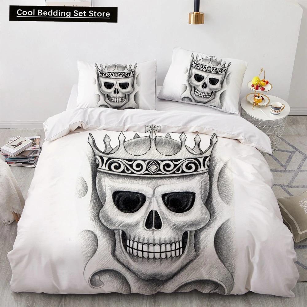 Skull Couple King Queen Duvet Cover Skeleton Bride Bedding Set Halloween White 23pcs Soft Quilt Cover for Kids Teens Adults