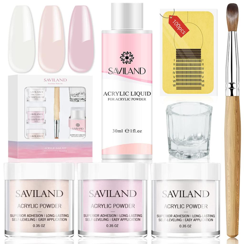 Saviland Lengthening Nail Powder Kit No Light Required 3 Colors Gel Nail Set for Nail Extensions Liquid Set - UV/LED - - 6-Piece - Beginner-Friendly