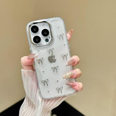 Luxusní třpytivý obal na telefon s mašlí pro iPhone 17 16 15 14 13 12 11 Pro Max Plus Průhledný silikonový nárazuvzdorný kryt