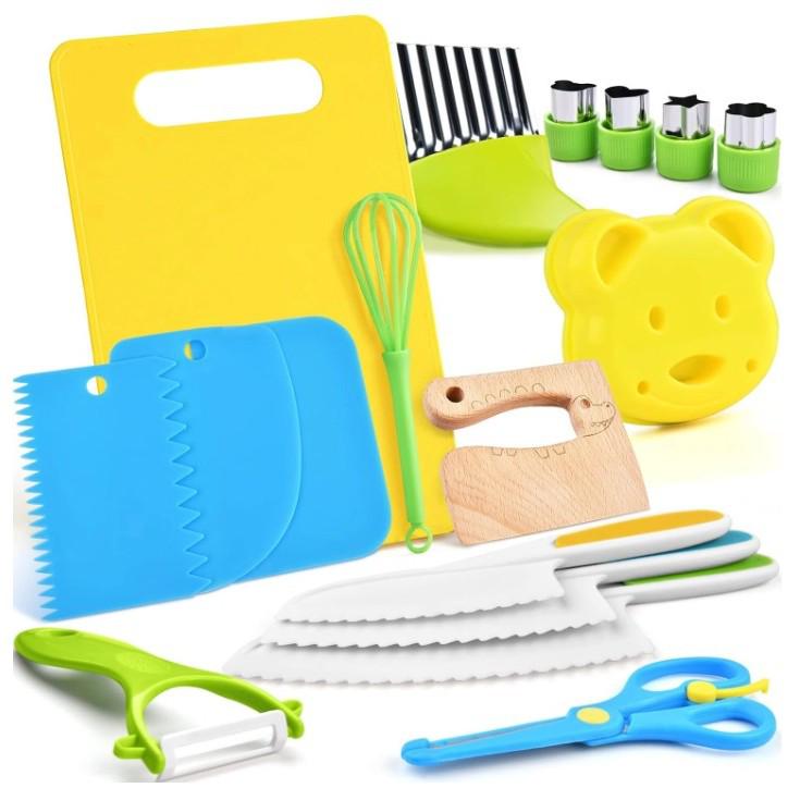 Kindersicheres Plastikbesteck-Set mit Babybrei-Stampfer & Prägeform, Inklusive Kinder-Schneidebrett