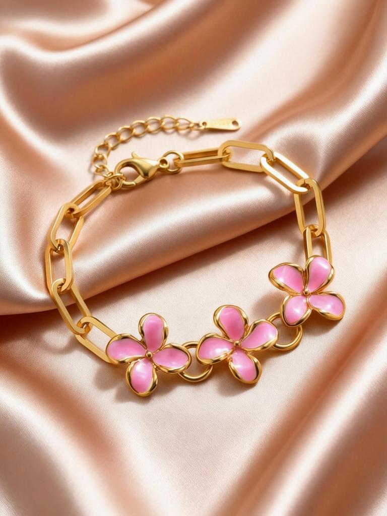 Fashion Sweet Enamel Drip Oil Pink Flower Bracelet for Women, Stainless Steel  Luxury Classic Wrist Jewelry Gifts Party Daily