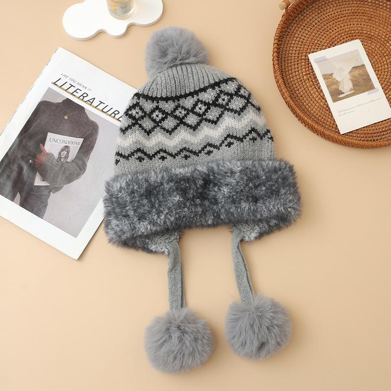 Fair Island Style Winter Plaid Bright Silk Plus Velvet Hat Versatile Sweet Ball Hat Outdoor Travel Cold Warm Hat Korean