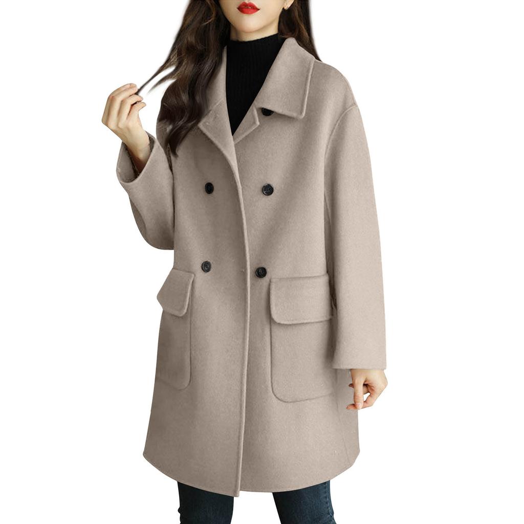 Women's Color Long Sleeve Double Breasted Mid Length Pocket Woolen Coat