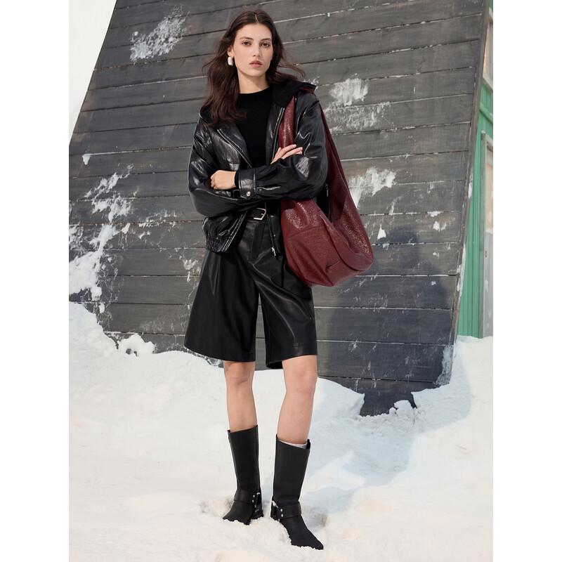 ELLE Women's Hooded Faux Leather Short Jacket