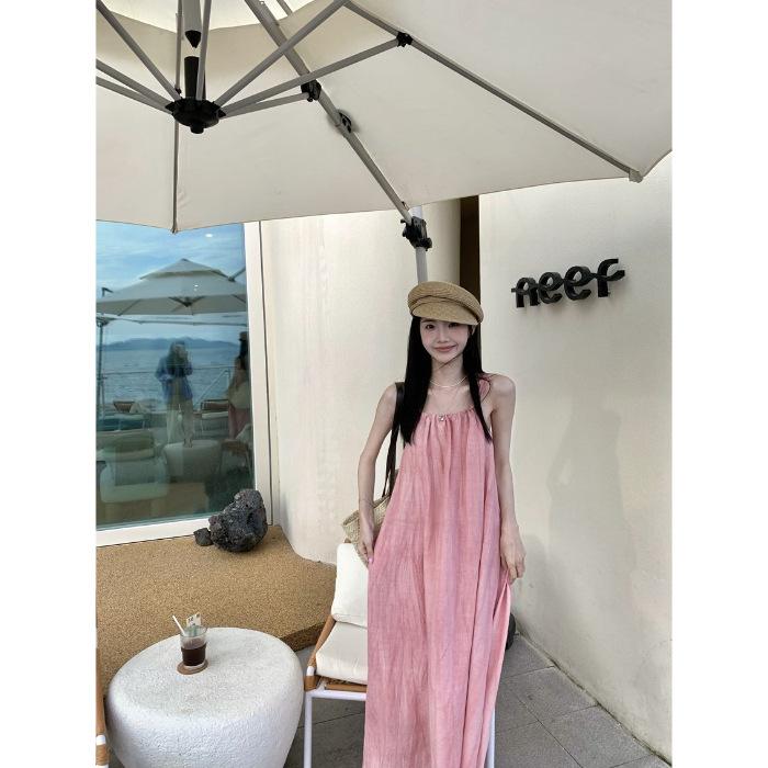 

Summer pink suspender neck dress women s loose fat mm seaside dress sleeveless seaside piece clothes S
