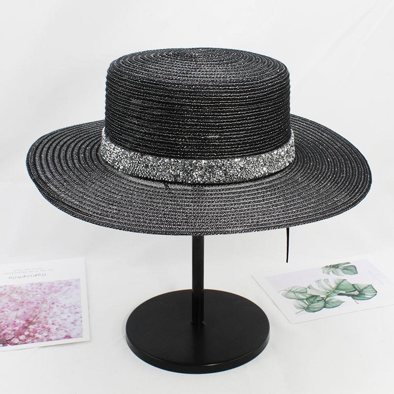 Internet Celebrity Hat M Standard Rhinestone Hollow Flat Top Straw Hat Outdoor Outing Seaside Sun Hat Women'S White Top Hat