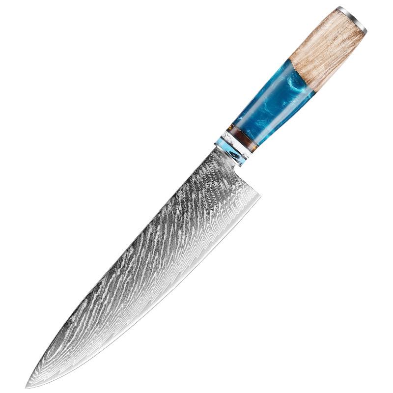 Sada kuchyňských nožů Japonské nože Damašková ocel VG10 ocelový kuchařský nůž Sekáček na maso Nůž na chléb Modrá rukojeť z pryskyřice