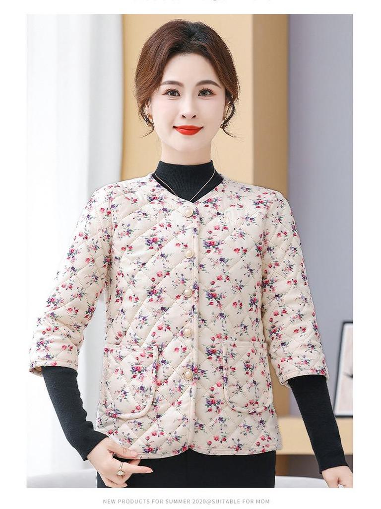Women's Floral Print Warm Collarless Cotton Jacket with Mid and Seven-Sleeve Options, Fleece-Lined for Autumn/Winter.