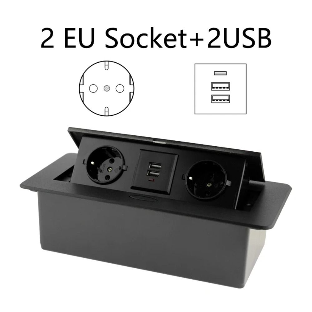 Aluminum Panel Desk Socket EU Socket Desktop Outlet With Cable Plug Hidden Socket  Kitchen Counter