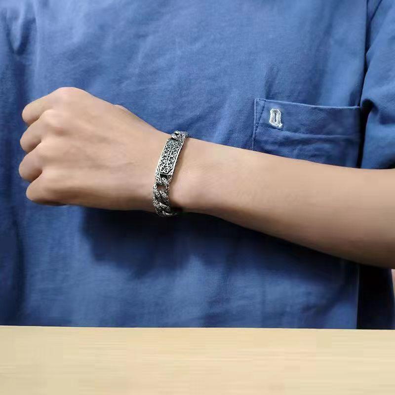 New Silver Color Men's Bracelet Auspicious Pattern Pin Type Retro Couple Men's and Women's Same Style Ring Buckle Bracele Jewelry