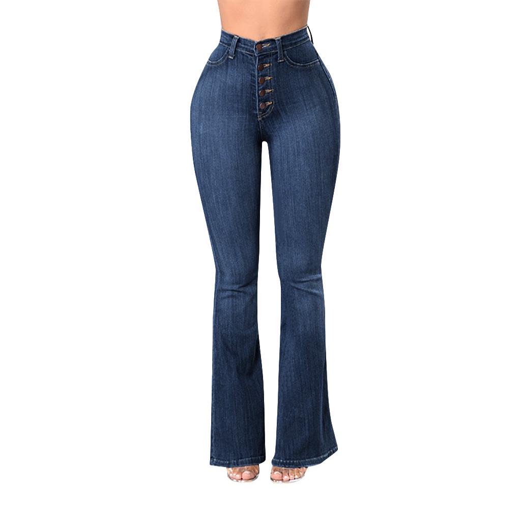  Women  Elastic Plus Loose Denim Pocket Button Casual Boot Cut Pant  Jeans