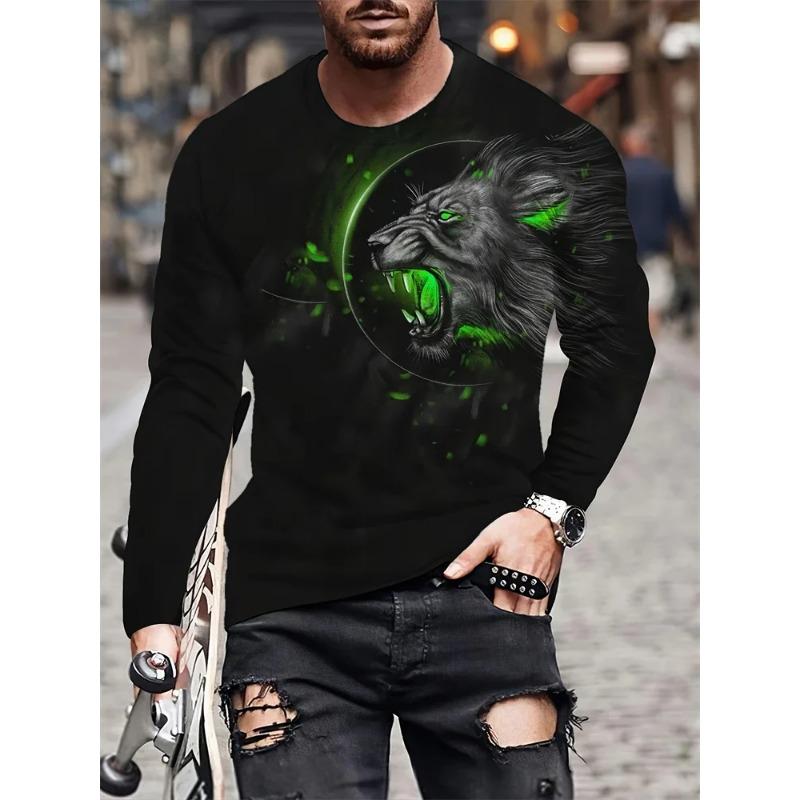 Spring and Autumn Round Neck 3D Lion Pattern Printed Top Fashionable Casual Long Sleeved Men's T-shirts